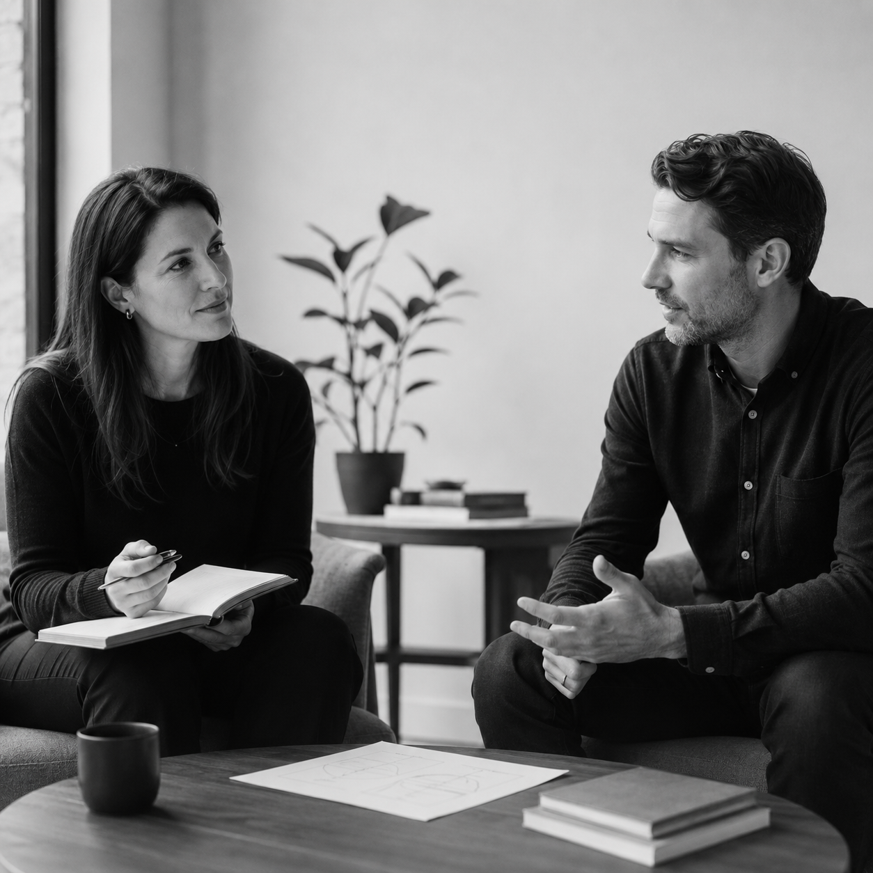 Coach and client discussing a personal change during a one-to-one coaching session