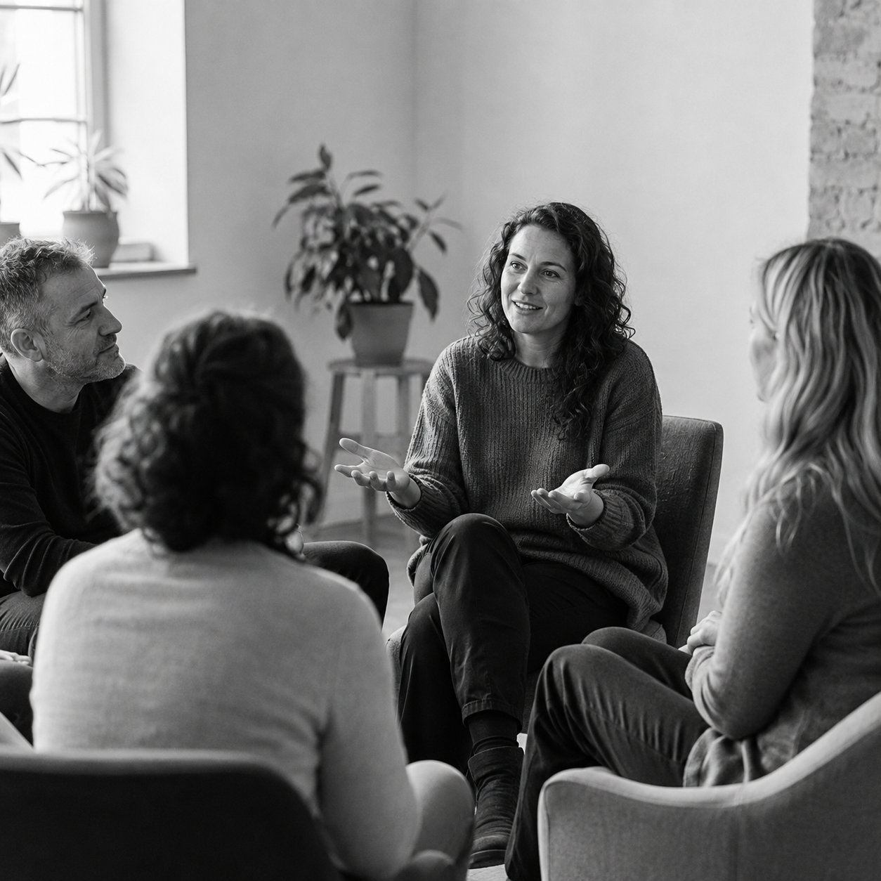 Adults engaged in a small group coaching conversation