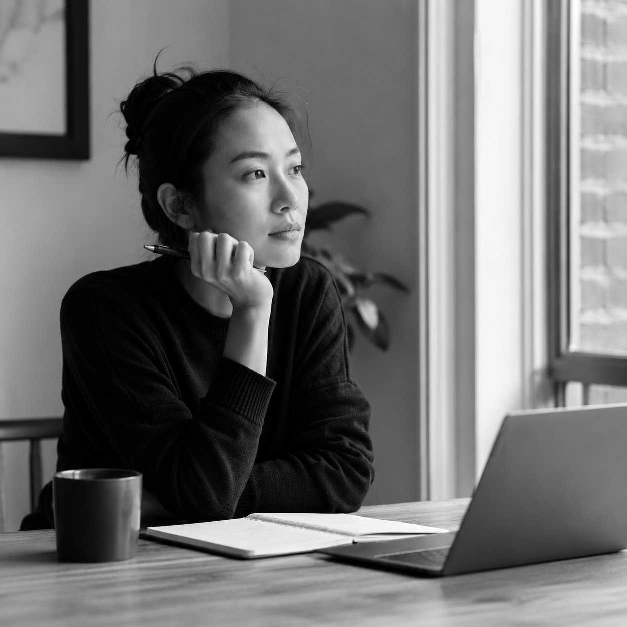 Woman reflecting by a window with a notebook and laptop